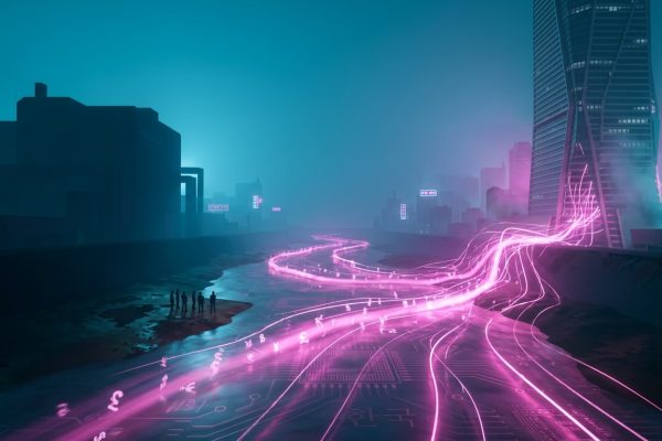 Neon magenta river of currency-light flowing through a Korean industrial landscape.