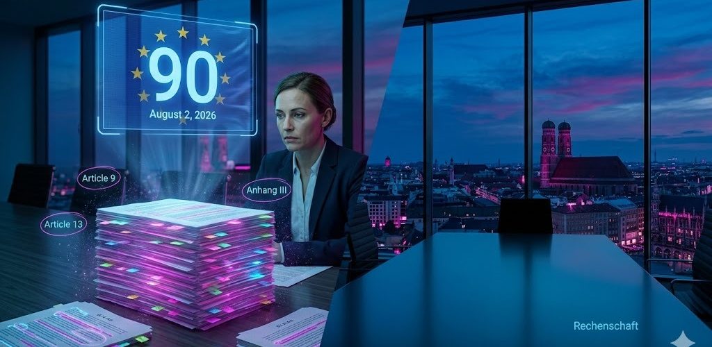 3D rendered modernist Munich boardroom at twilight, compliance officer at a long polished table, holographic '90 / August 2, 2026' EU-stars countdown above her, glowing magenta stack of EU AI Act pages with annotated article numbers, Frauenkirche silhouette on the city skyline; 'Rechenschaft' text overlay.