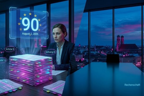 3D rendered modernist Munich boardroom at twilight, compliance officer at a long polished table, holographic '90 / August 2, 2026' EU-stars countdown above her, glowing magenta stack of EU AI Act pages with annotated article numbers, Frauenkirche silhouette on the city skyline; 'Rechenschaft' text overlay.