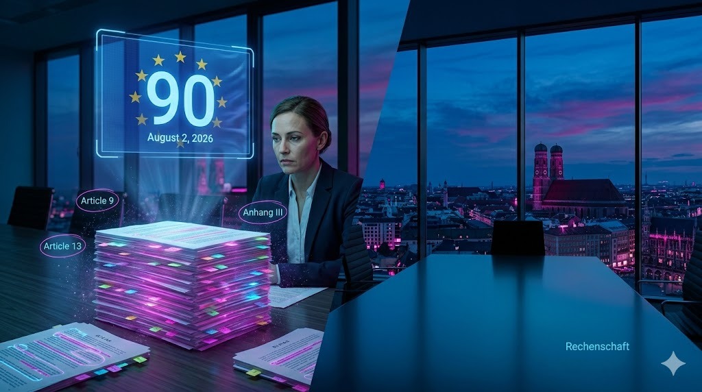 3D rendered modernist Munich boardroom at twilight, compliance officer at a long polished table, holographic '90 / August 2, 2026' EU-stars countdown above her, glowing magenta stack of EU AI Act pages with annotated article numbers, Frauenkirche silhouette on the city skyline; 'Rechenschaft' text overlay.