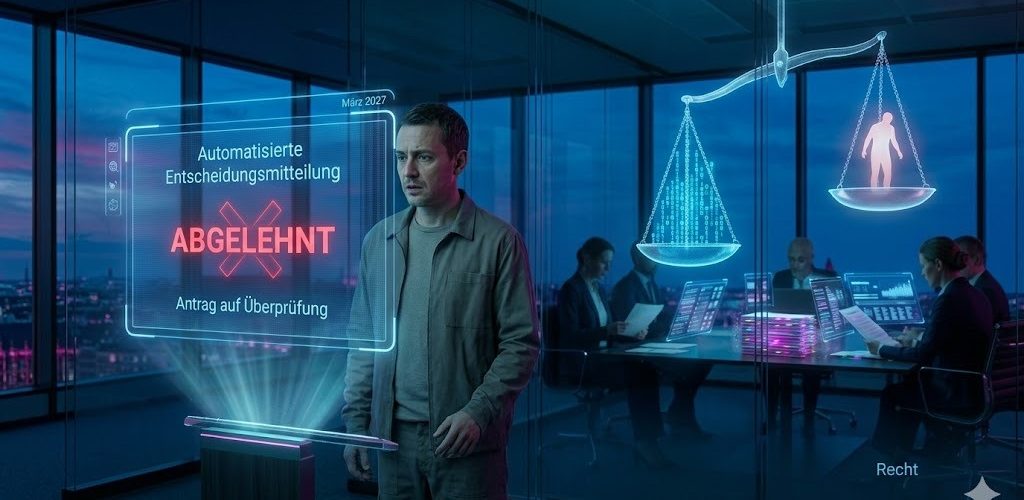 3D rendered modernist European administrative office: a citizen standing before a translucent holographic decision notice marked ABGELEHNT, shadowy regulators behind glass partitions, scales of justice tilted unevenly between glowing data streams and a human silhouette; 'Recht' text overlay.