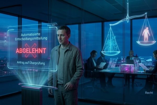 3D rendered modernist European administrative office: a citizen standing before a translucent holographic decision notice marked ABGELEHNT, shadowy regulators behind glass partitions, scales of justice tilted unevenly between glowing data streams and a human silhouette; 'Recht' text overlay.
