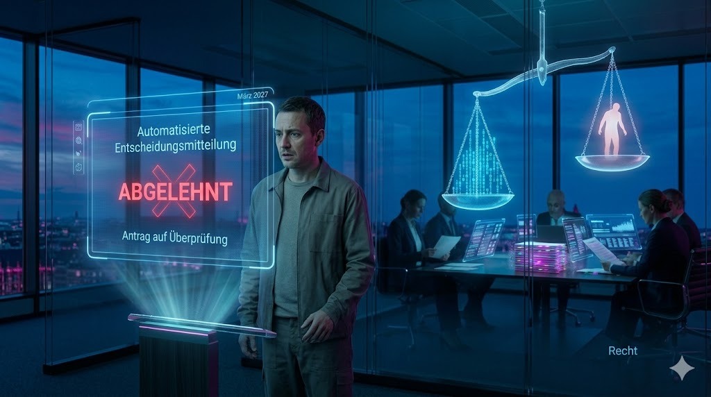 3D rendered modernist European administrative office: a citizen standing before a translucent holographic decision notice marked ABGELEHNT, shadowy regulators behind glass partitions, scales of justice tilted unevenly between glowing data streams and a human silhouette; 'Recht' text overlay.