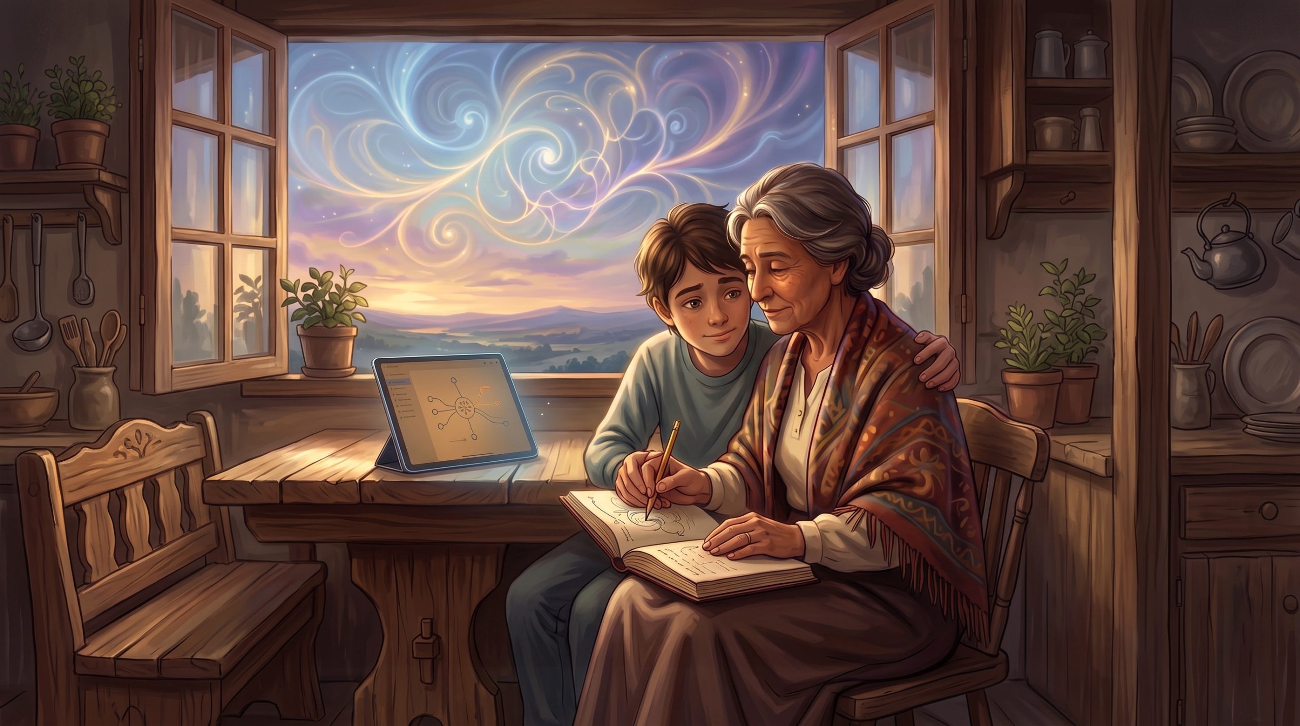 Illustration of a grandmother and her grandson in a rustic farmhouse kitchen. She writes in an open notebook while he rests an arm around her shoulders; a tablet showing a simple network diagram sits on the wooden table, and swirling ribbons of light fill the evening sky outside the window.