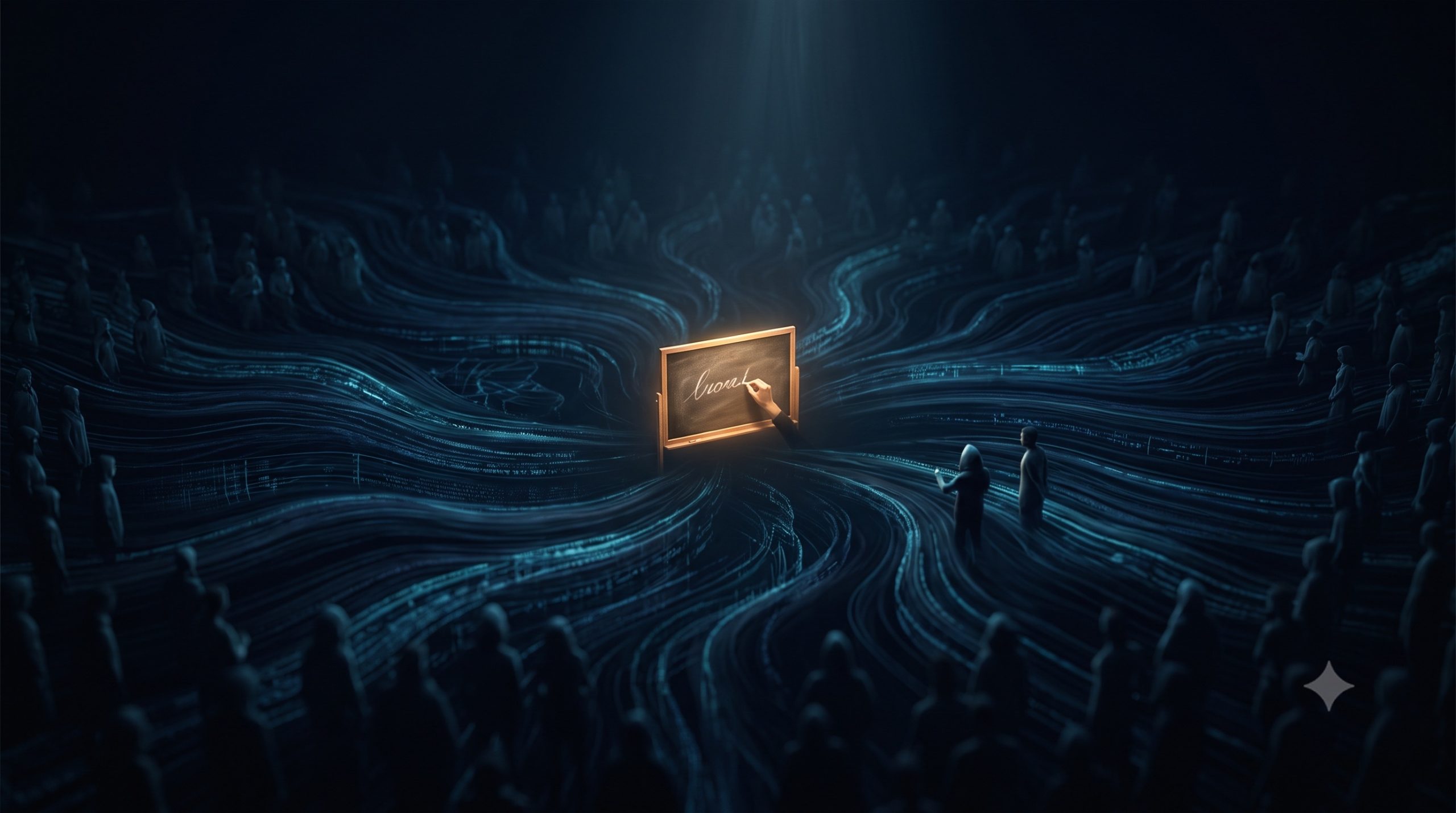 A small lit blackboard floating at the center of a dark ocean of computation, with faint figures of a swarm at the edges turning toward its light - the hidden workspace inside an artificial mind.