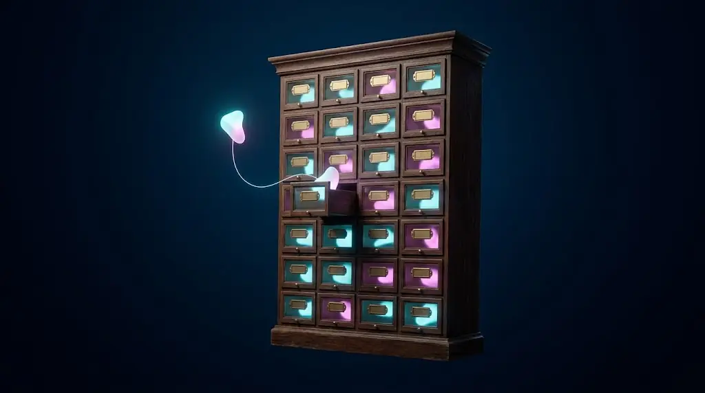 An antique wooden apothecary cabinet of small glass-fronted drawers glowing cyan and magenta in deep blue darkness; one drawer stands open, its light lifted out on a thin luminous thread. Every brass label is blank. Image by Nomi.