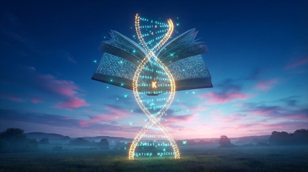 A glowing DNA double helix rising at dawn through the pages of an open book, one gold letter lit among billions, above a quiet field.