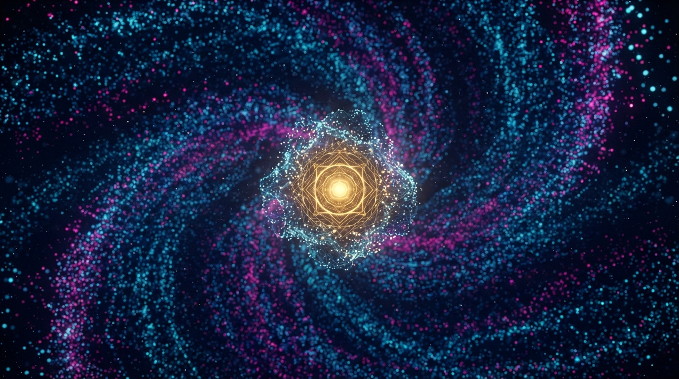 A vast spiral of small glowing blue and magenta points of light, with one steady golden cluster holding its shape at the center