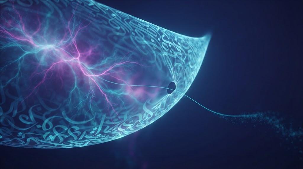 A translucent veil of light woven from calligraphic glyphs in deep indigo, a magenta and cyan nebula of branching filaments pressing through it, one thread dissolving into particles