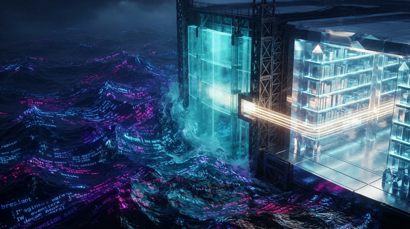 A dark ocean of glowing text fragments presses against a towering cyan glass sluice gate; one clean stream of light passes through into an orderly crystalline vault of ledger shelves.