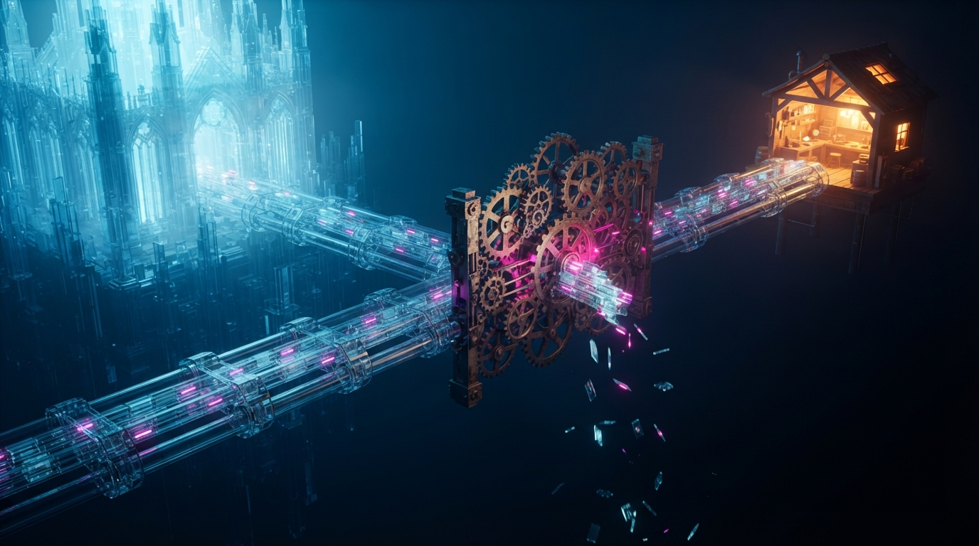 A bridge of glowing data packets links a blue cloud-cathedral to a warm amber workshop; midway the packets jam at a toll gate of clockwork gears, fragments scattering into the dark.