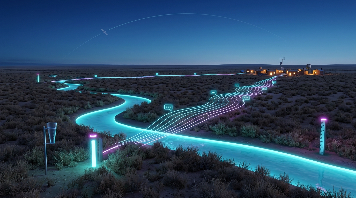 Río luminoso en la llanura del Gran Chaco al anochecer, con pluviómetro y marcador de nivel que envían hilos de luz hacia centros comunitarios