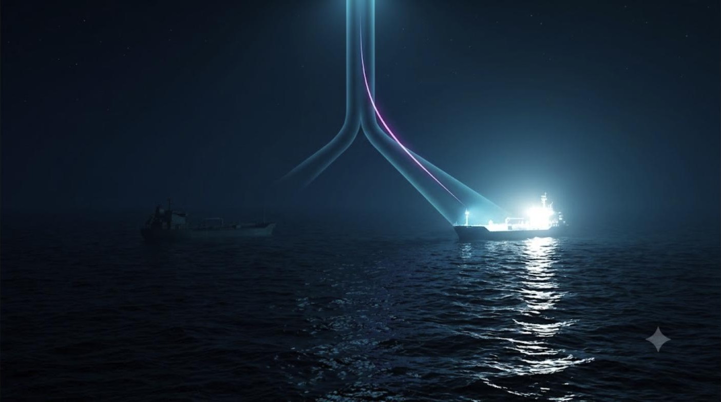 Two ships on a dark sea at night. One blazes with light and casts a long reflection on the water; the other runs dark and nearly invisible. A beam of cyan light descends from above and splits in two, one fork landing squarely on the lit ship, the other passing wide of the dark one, with a single magenta thread running along it.
