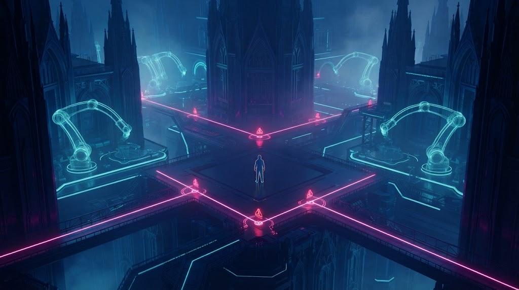 A luminous semiconductor cleanroom as a circuit-cathedral in deep blues and cyans, a magenta filament tracing an inspection path past a single coveralled figure