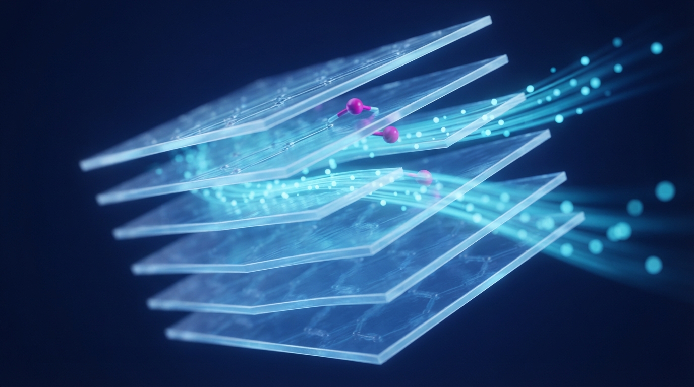 Glowing translucent crystalline layers with magenta atoms widening the gaps as streams of cyan light flow through, evoking fast lithium transport in a MXene cathode