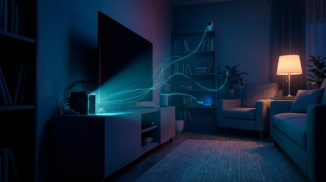 A dark living room at night: a small black box beside the TV spills cyan light, and thin glowing threads reach from it to a camera, a speaker and a router, while a warm lamp glows in the corner.