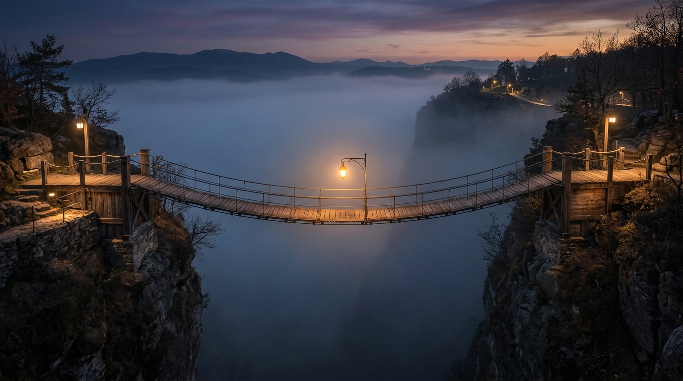 A wooden footbridge across a misty gorge at dusk, a single lantern glowing at the middle of the span