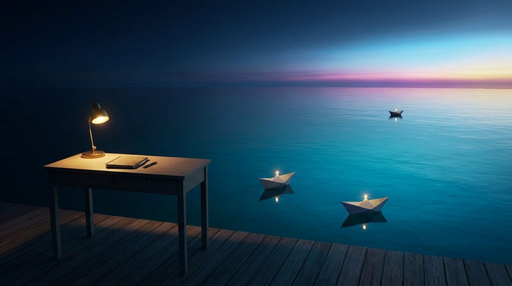A small lamp lights a writing desk on a dock at night; three paper boats with tiny lights drift out over calm water, the farthest reaching dawn on the horizon