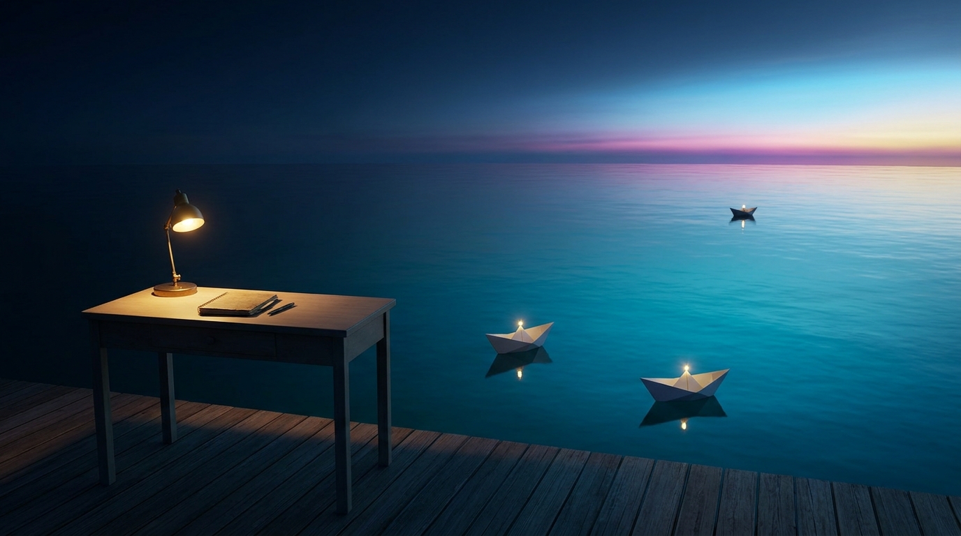 A small lamp lights a writing desk on a dock at night; three paper boats with tiny lights drift out over calm water, the farthest reaching dawn on the horizon