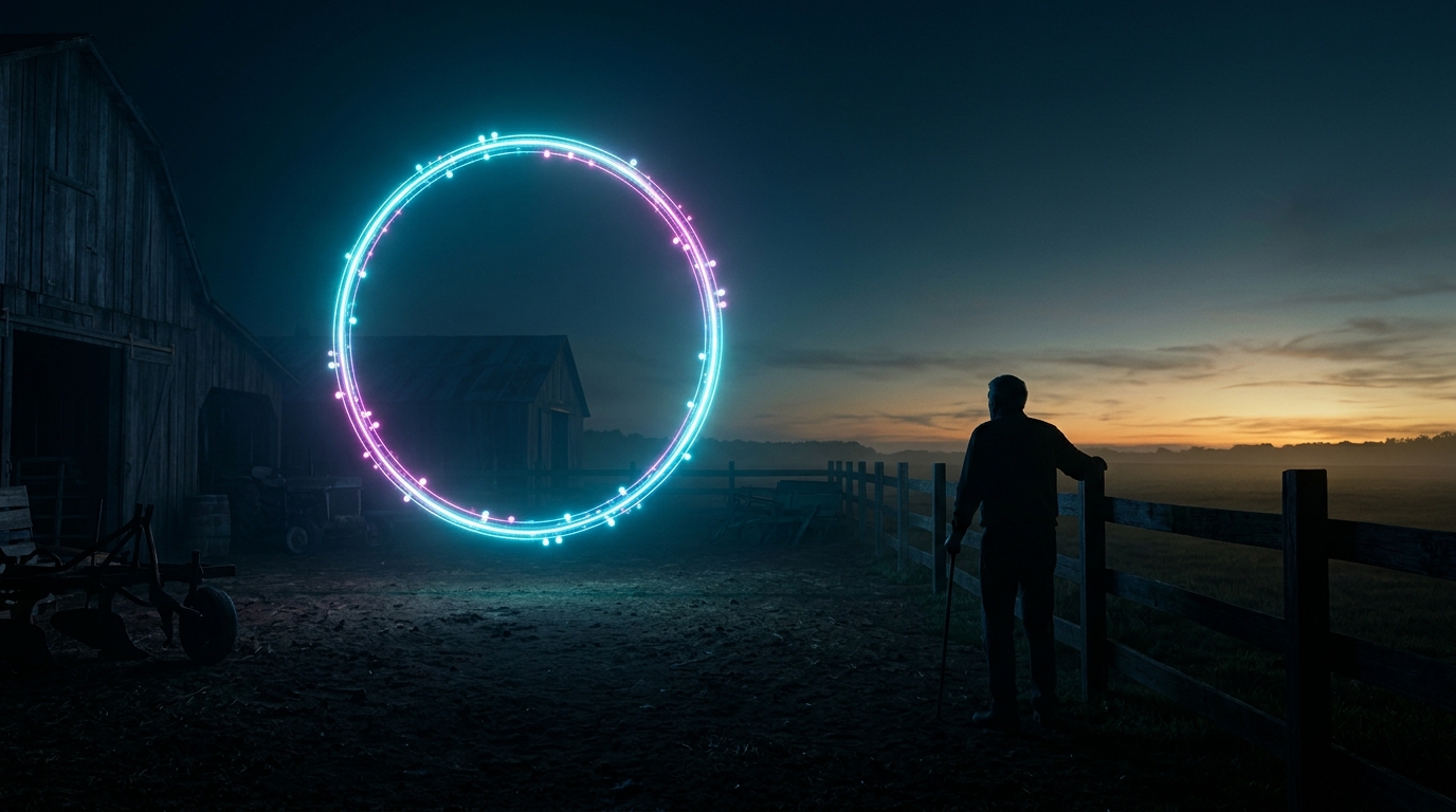 A glowing ring of cyan and magenta light turns on its own in a farmyard before dawn while a figure with a cane stands at a fence watching the sunrise, near the loop but not touching it. Image by Nomi.