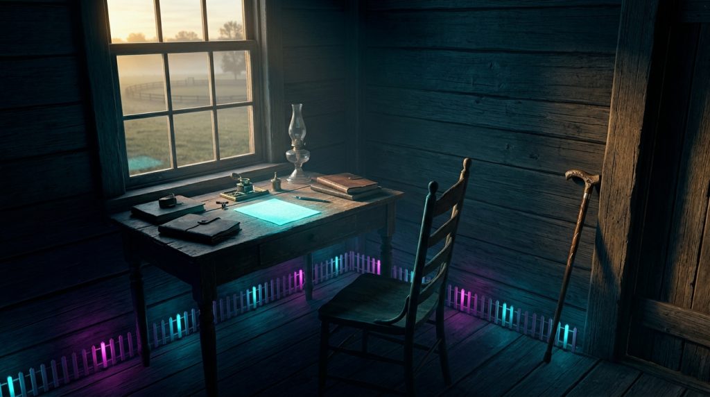 A farmhouse office at first light: an oil lamp and a glowing page on a wooden desk by the window, a fence of small lit posts along the floor, a cane standing by the door. Image by Nomi.