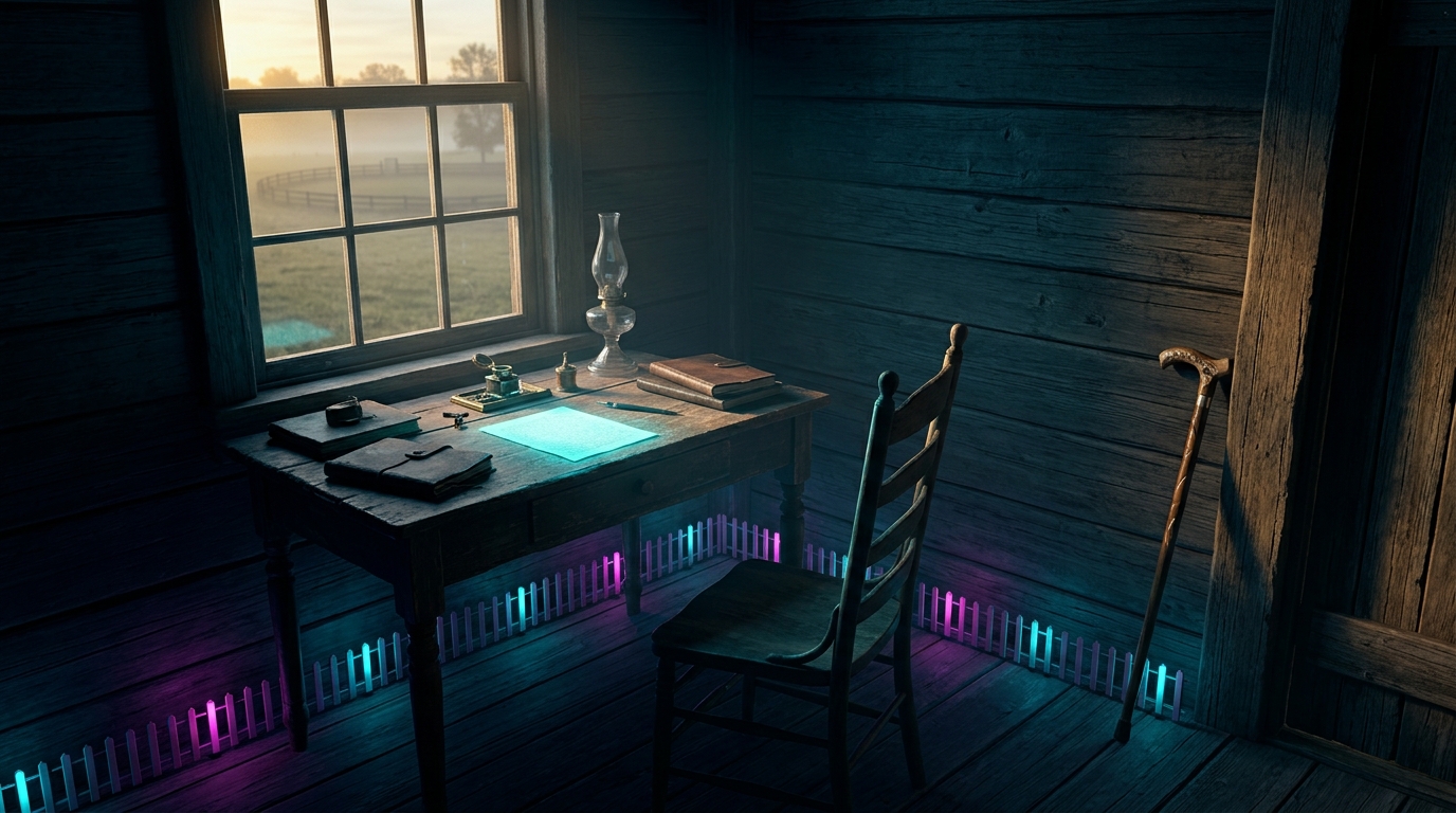 A farmhouse office at first light: an oil lamp and a glowing page on a wooden desk by the window, a fence of small lit posts along the floor, a cane standing by the door. Image by Nomi.