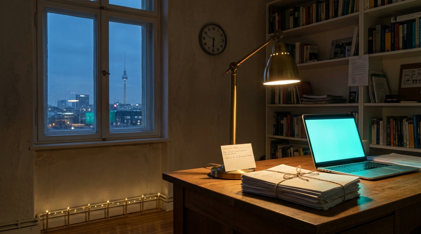 A study in an old Berlin apartment at first light: a tall window with the city blue-grey outside, a paper packet tied with string and a small handwritten card on the desk beside a warm lamp and a glowing laptop, a wall clock at half past six. Image by Nomi.