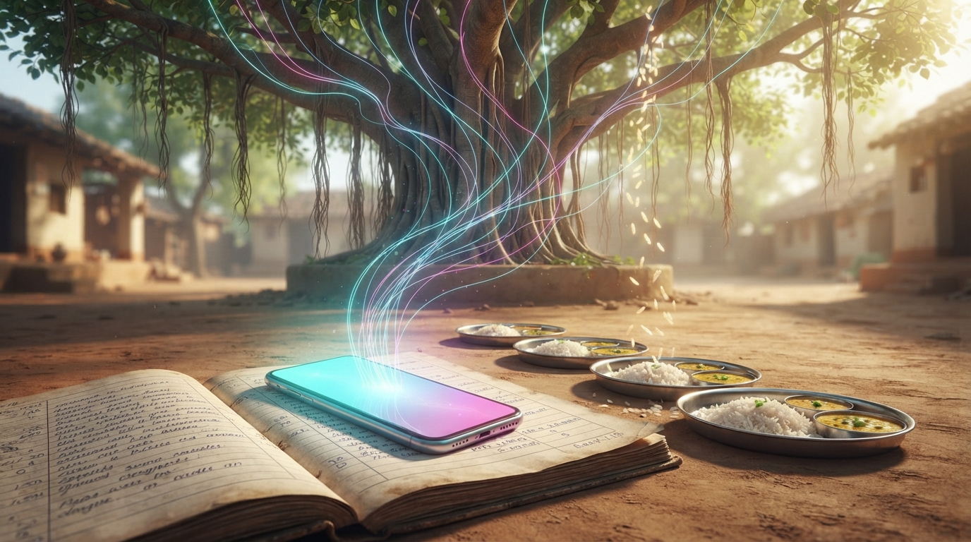 A glowing smartphone on an open paper register under a banyan tree, neon data threads rising into the leaves beside steel plates of rice and dal