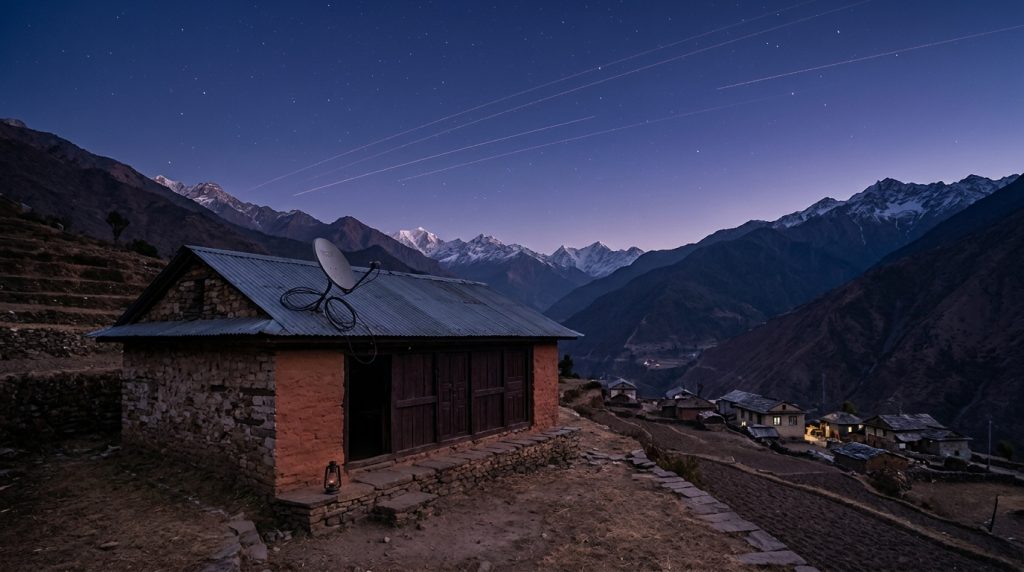 A small stone village school in a Himalayan valley at dusk, an unconnected satellite dish on its tin roof and faint satellite trails across the sky