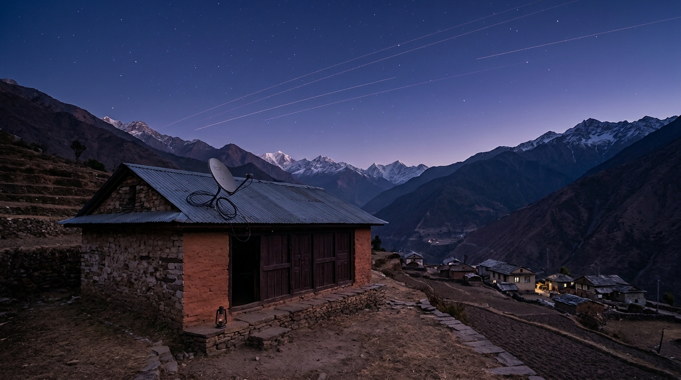 A small stone village school in a Himalayan valley at dusk, an unconnected satellite dish on its tin roof and faint satellite trails across the sky