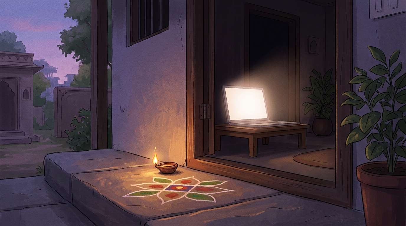 A small clay diya burns on a stone doorstep at dusk while an open laptop glows inside the doorway of a quiet Indian home