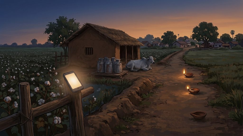 Evening at the edge of a cotton field in rural Maharashtra: a glowing phone on a fence post, milk cans by a cattle shed, and three lamps along the path, one bright, one half lit, one unlit