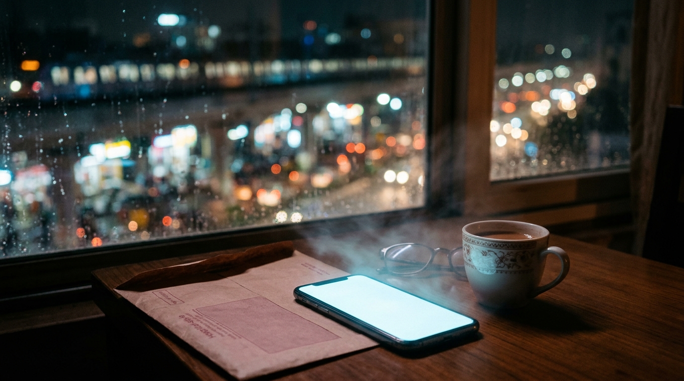 A smartphone glowing on a table by a rain-streaked window over city lights at night, beside cold chai, reading glasses and an envelope