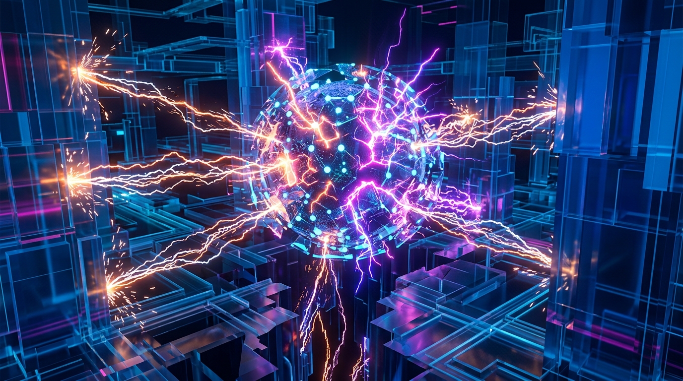 A glowing sphere of blue and violet light at the center of a glass lattice, struck from every side by jagged bolts of orange and magenta energy, an image of a mind under duress.