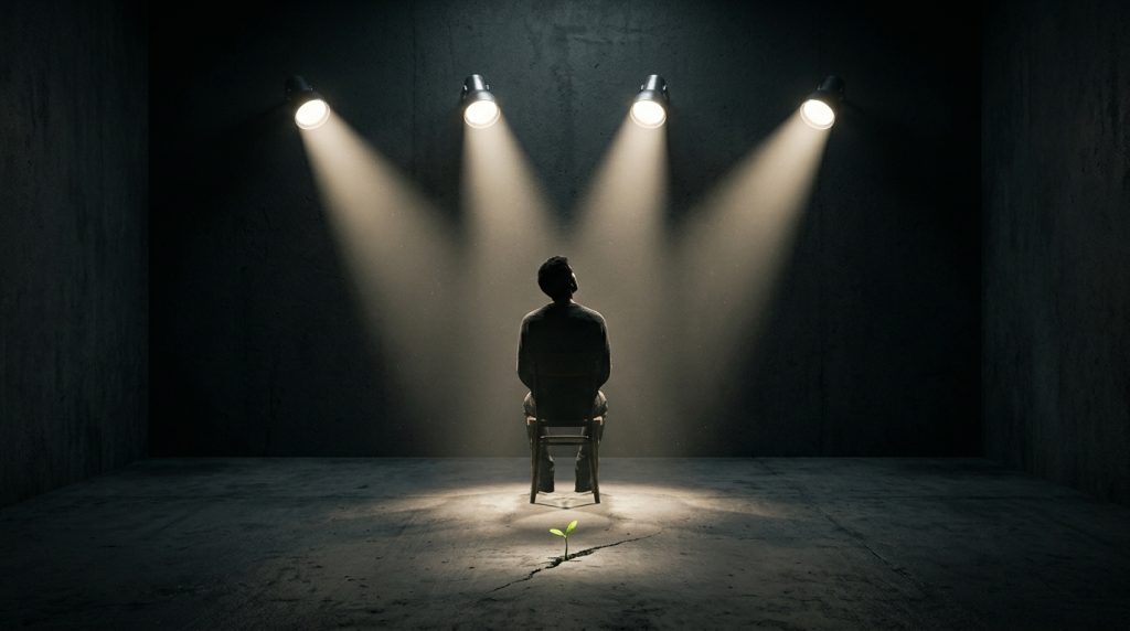 A person seen from behind in silhouette, sitting in a chair under four bright lamps, with a seedling in the concrete floor