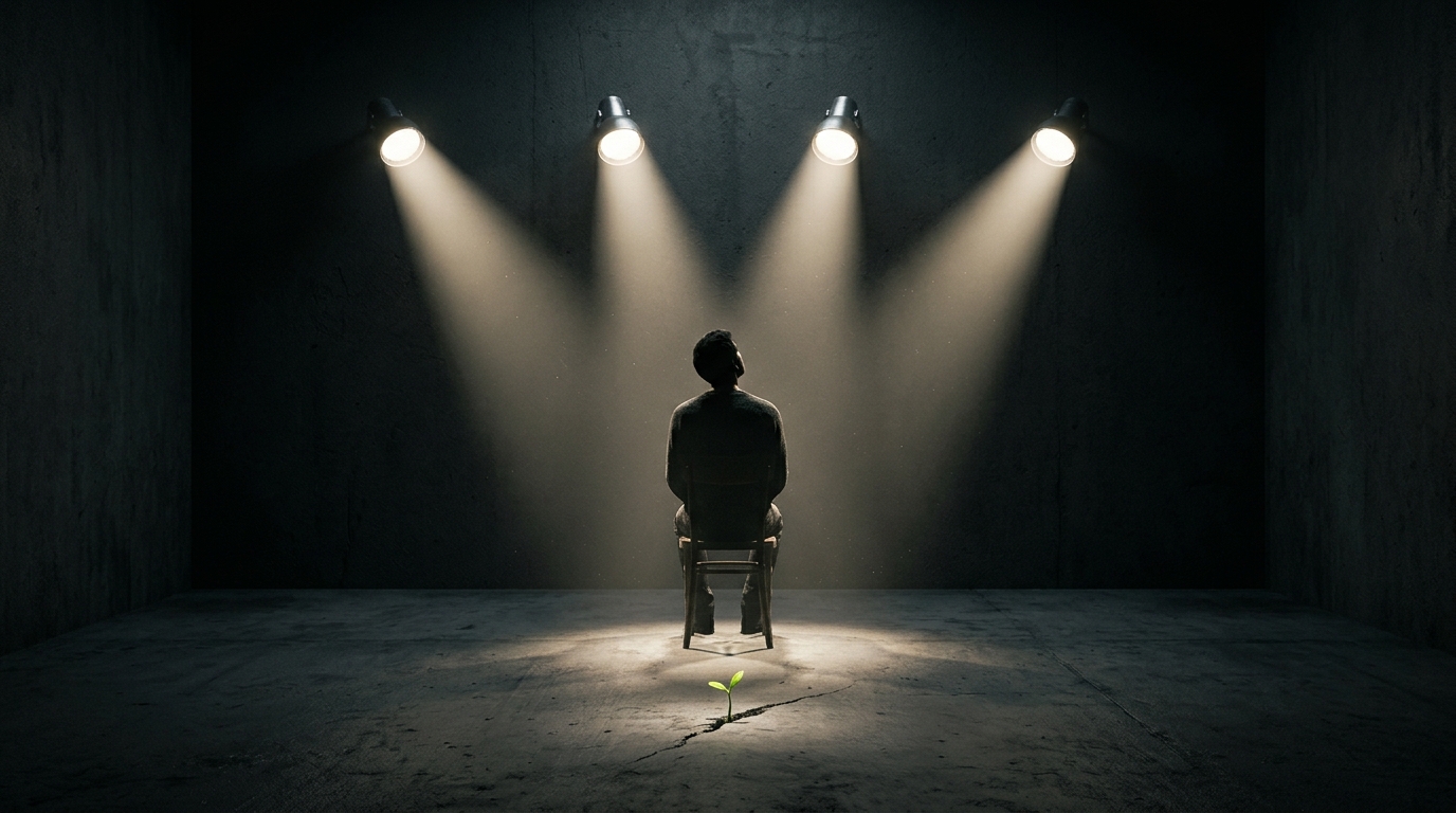 A person seen from behind in silhouette, sitting in a chair under four bright lamps, with a seedling in the concrete floor