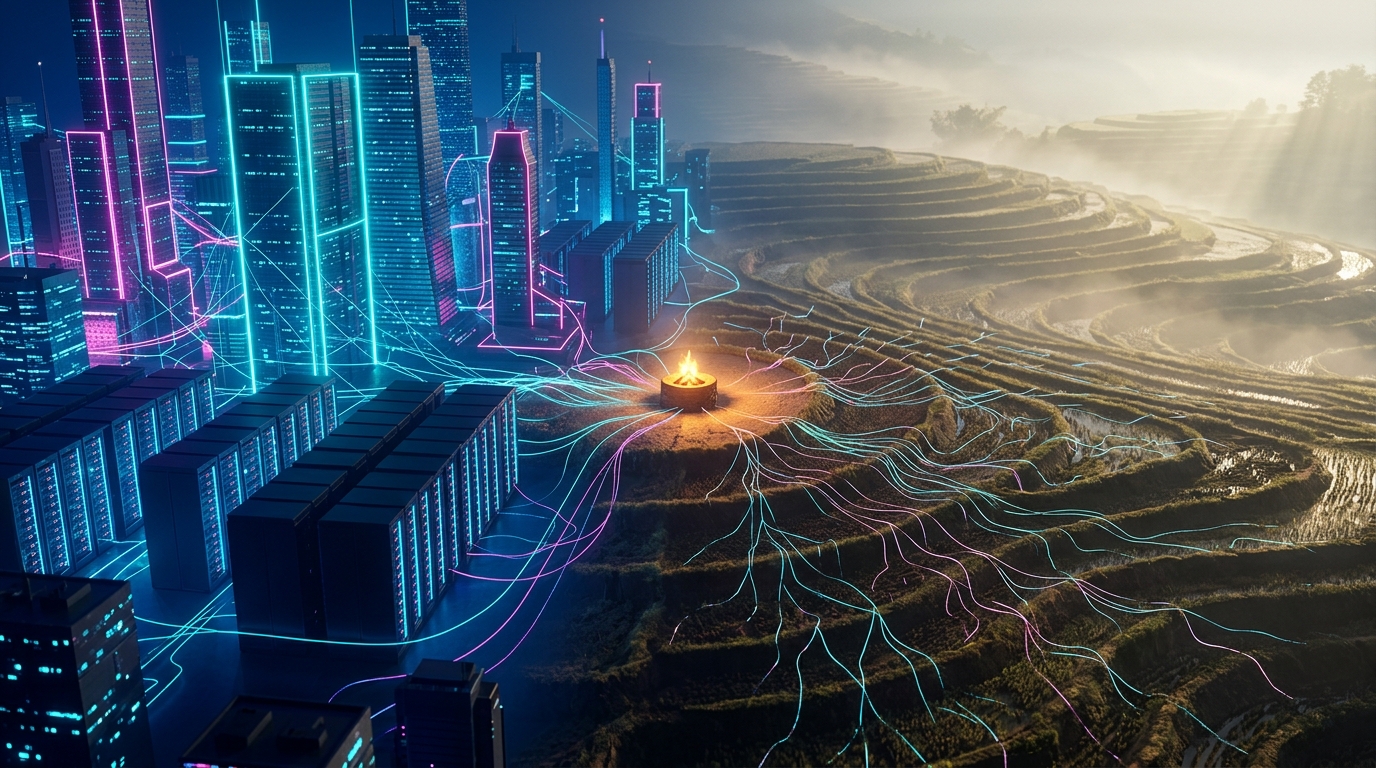 A glowing tech city of towers and server halls meets misty terraced fields at dawn; a small warm hearth sits where they meet, with threads of light running into the soil.