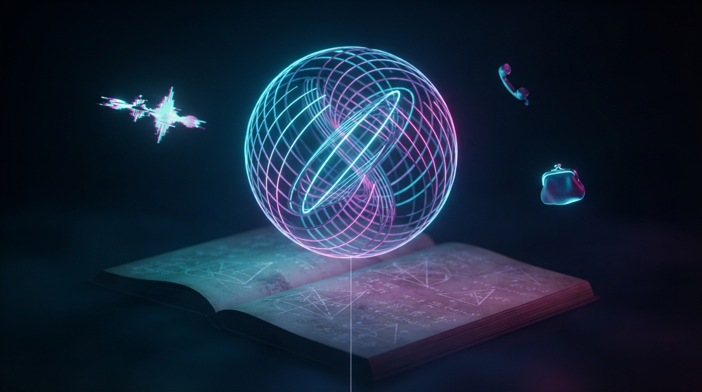 A luminous neon lattice sphere folding through extra dimensions above an open notebook of geometry sketches, with a glitching sound wave, a small phone and a coin purse drifting in the dark