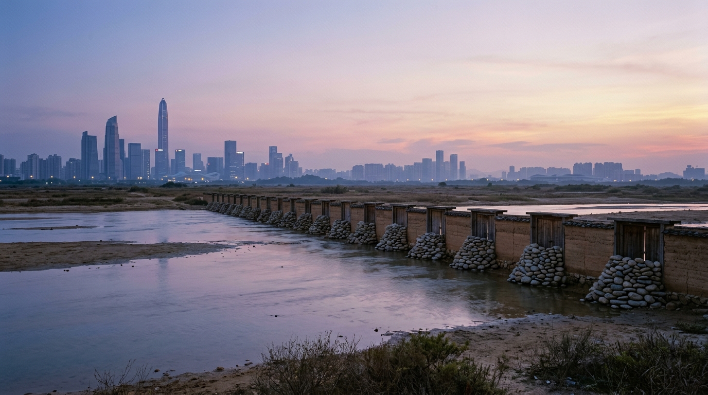 Water spreading across a plain at dusk toward a long row of small stone dams, with a city skyline in the haze beyond