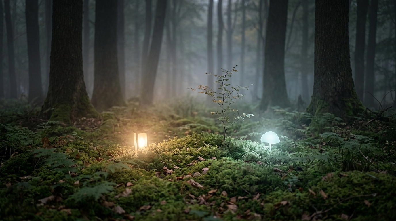 A misty forest clearing at first light where a warm lantern and a cool soft glow light the same moss and young tree