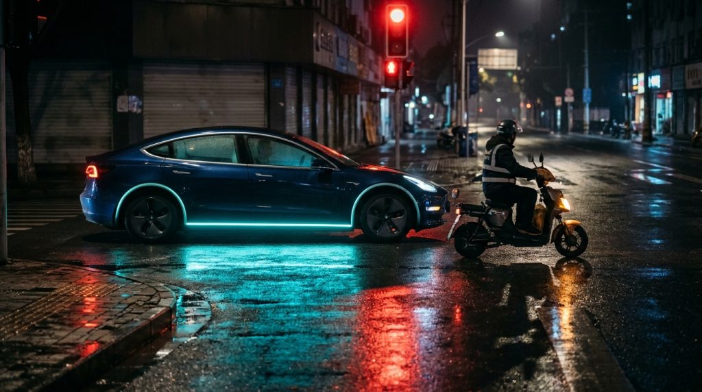 A car with a soft blue-green glow waits at a red light beside a delivery scooter on a wet city street at night