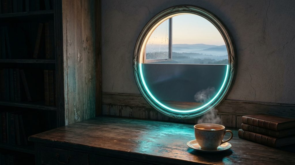 A round mirror on a dim wall opens like a window onto misty hills at dawn, a cup of tea steaming on the table below