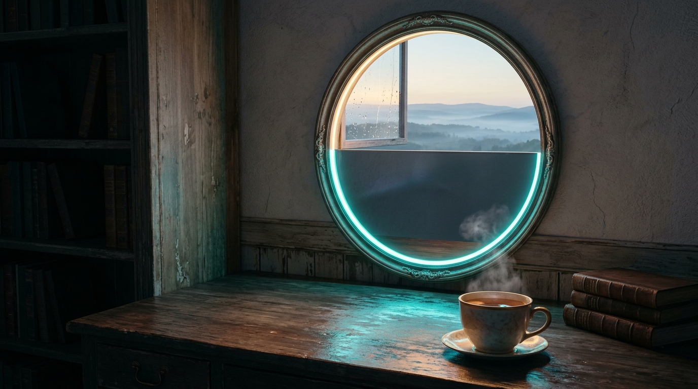 A round mirror on a dim wall opens like a window onto misty hills at dawn, a cup of tea steaming on the table below