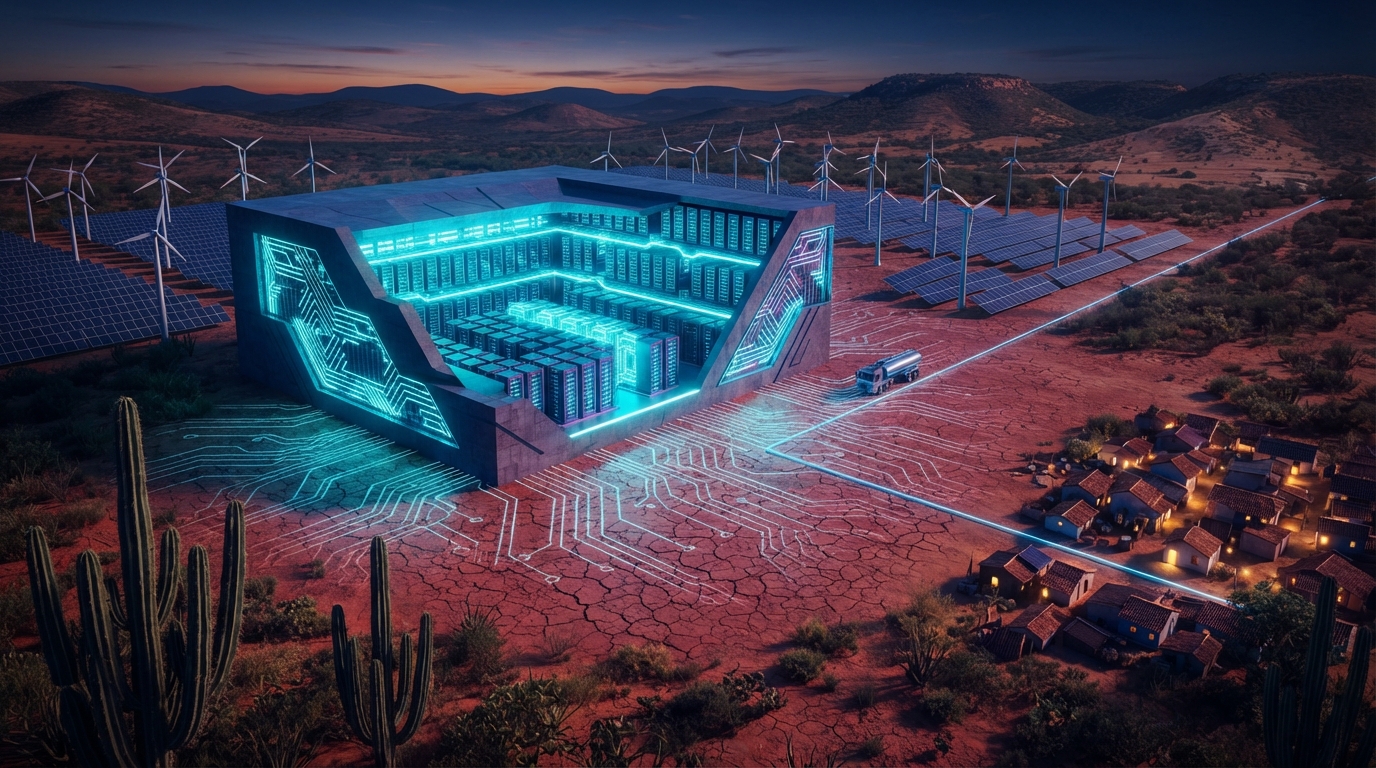 Isometric 3D scene at dusk of a glowing cyan data center on dry red earth in Brazil’s Northeast, surrounded by wind turbines and solar fields, with a lone water tanker truck on the road