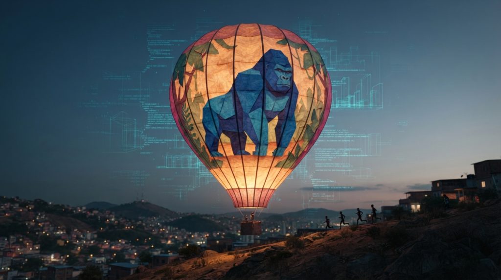 A towering hand-made tissue-paper balloon with a blue gorilla design glowing over a hillside neighborhood at dusk, small figures running below, faint digital wireframe flickering in the sky around it