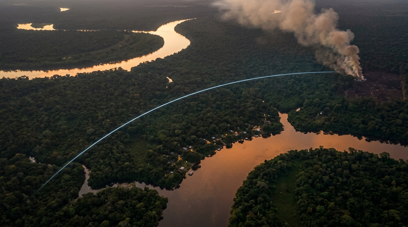 Floresta amazônica ao entardecer vista do alto, com um rio iluminado, uma linha fina de luz atravessando a copa e uma coluna de fumaça subindo ao fundo
