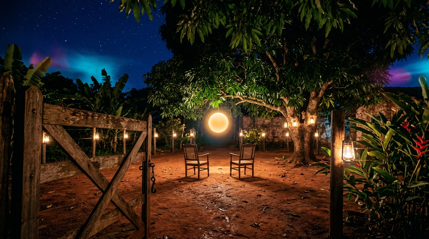 An open wooden gate at night onto a red-earth courtyard under a mango tree, lanterns around it, two empty chairs facing a single orb of warm light