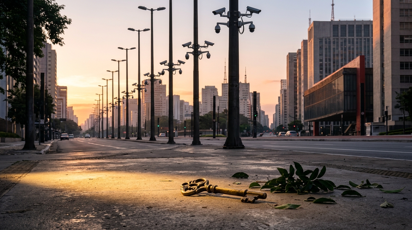 Avenida de São Paulo ao amanhecer, com uma fileira de câmeras de segurança nos postes