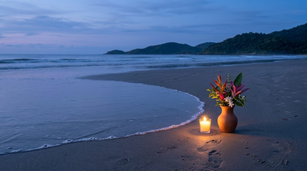 Praia ao entardecer com a marca de uma onda na areia, um vaso de flores e uma vela acesa