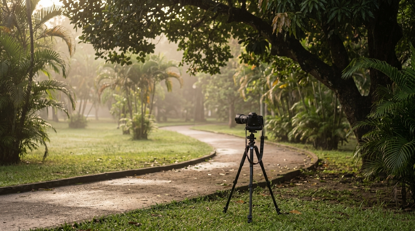 An empty running path under tropical trees in a misty morning park, with an unattended camera on a tripod pointed down the path